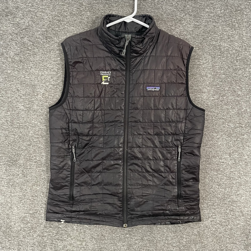 Patagonia Nano Puff Vest Mens Medium Black Full Zip Charlies Produce Logo READ